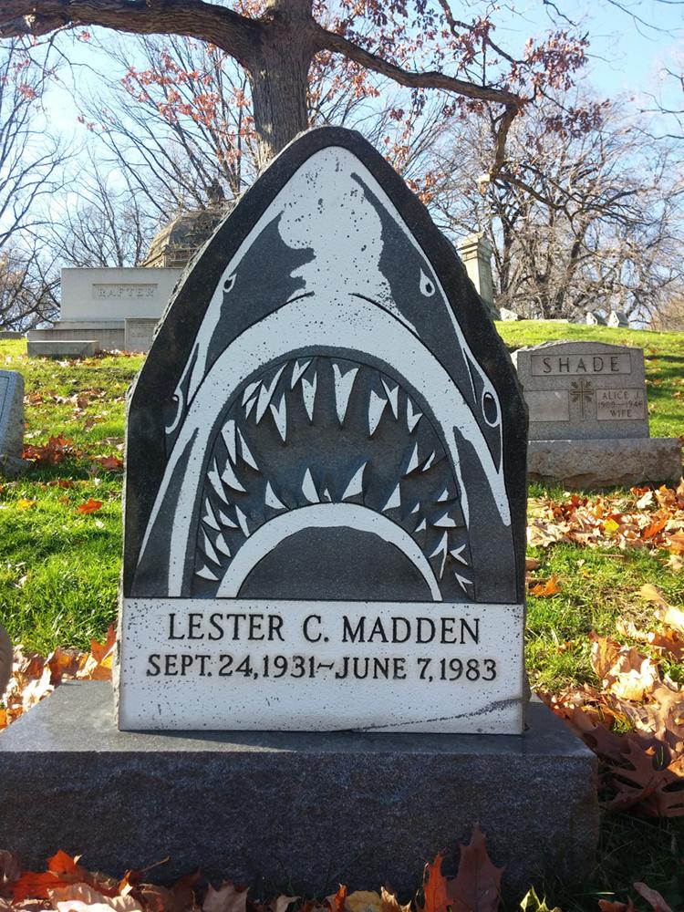 The shark headstone of Lester C. Madden in Allegheny Cemetery. He was born September 24th, 1931 and died on June 7th, 1983.  Photo by Rio Costa.