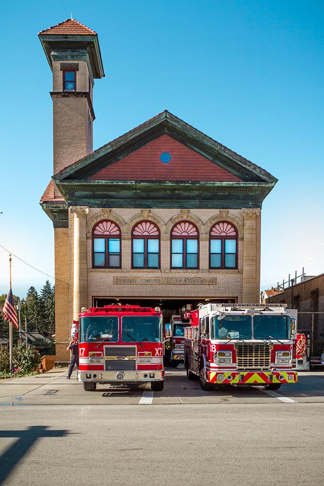 Engine House 57. Brookline’s firehouse and historical landmark. The building has been in use for over a hundred years, since 1911. Another historic landmark on the boulevard—a WWII memorial cannon—was recently given back to the community after a bus accident in July. Photographer: Anita Trimbur