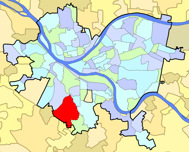 Figure 1. A map of the city of Pittsburgh with Brookline highlighted in red. Brookline borders Pittsburgh neighborhoods Beechview, Bon Air, Carrick, and Overbrook. To its south are the municipalities of Mt. Lebanon, Dormont, and Baldwin Township. Source: Wikipedia