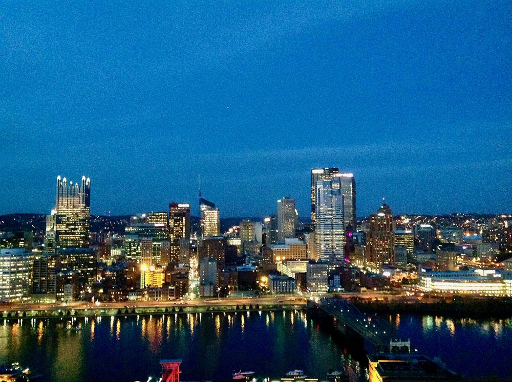 View from Mt. Washington featuring the Pittsburgh skyline at dusk. Taken from the Grandview Overlook next to the Monongahela Incline. Photo by Joseph Pileggi.