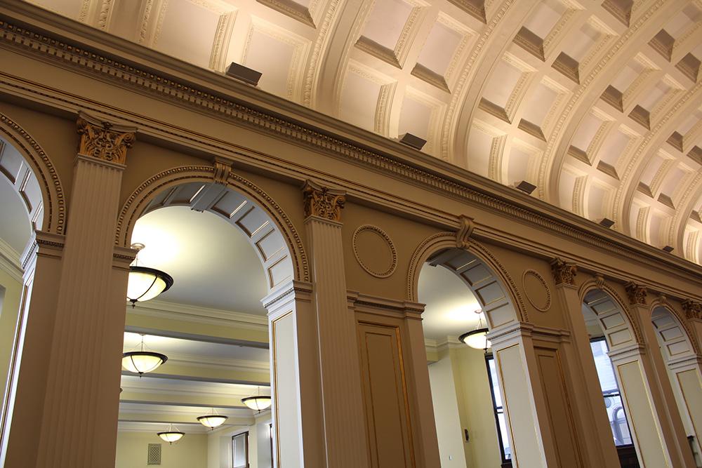 Roof and pillars inside Carnegie Library Pittsburgh, photo by Brady Yeager.