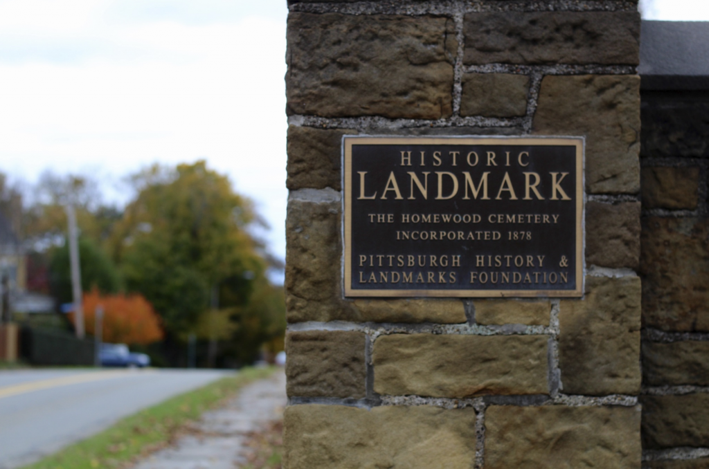 Sign designating the Homewood Cemetery as a Landmark. Taken by Adriana Sciulli