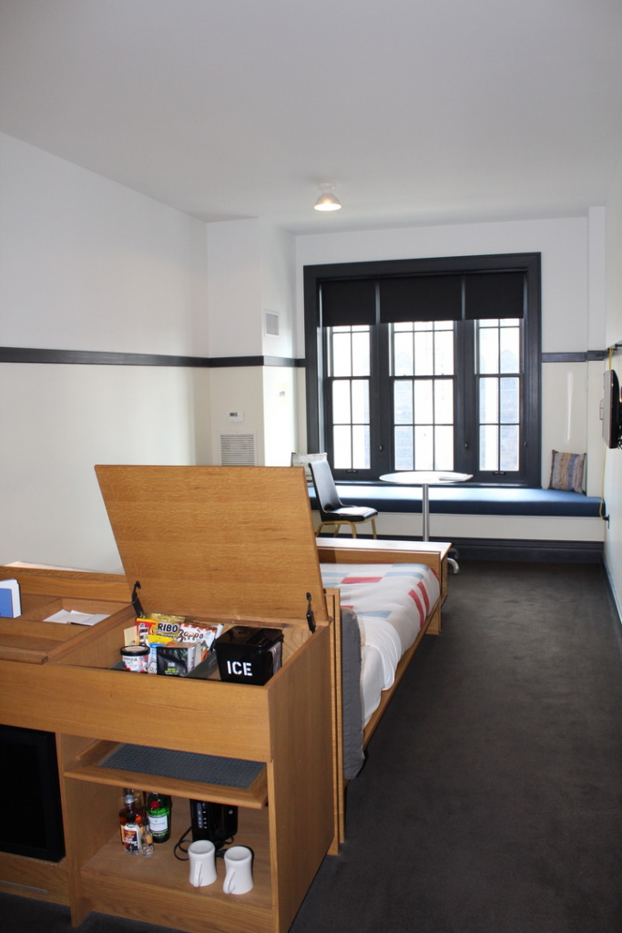 Standard small room in the Ace Hotel. All the rooms are located in the former YMCA dormitories. Photo by Emily Meehan, 2019.