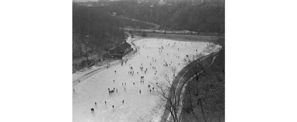 Ice skaters on Panther Hollow Lake, 1969. This also shows the old boathouse! Photo obtained from the Pittsburgh City Photographer Collection in the Pitt archives