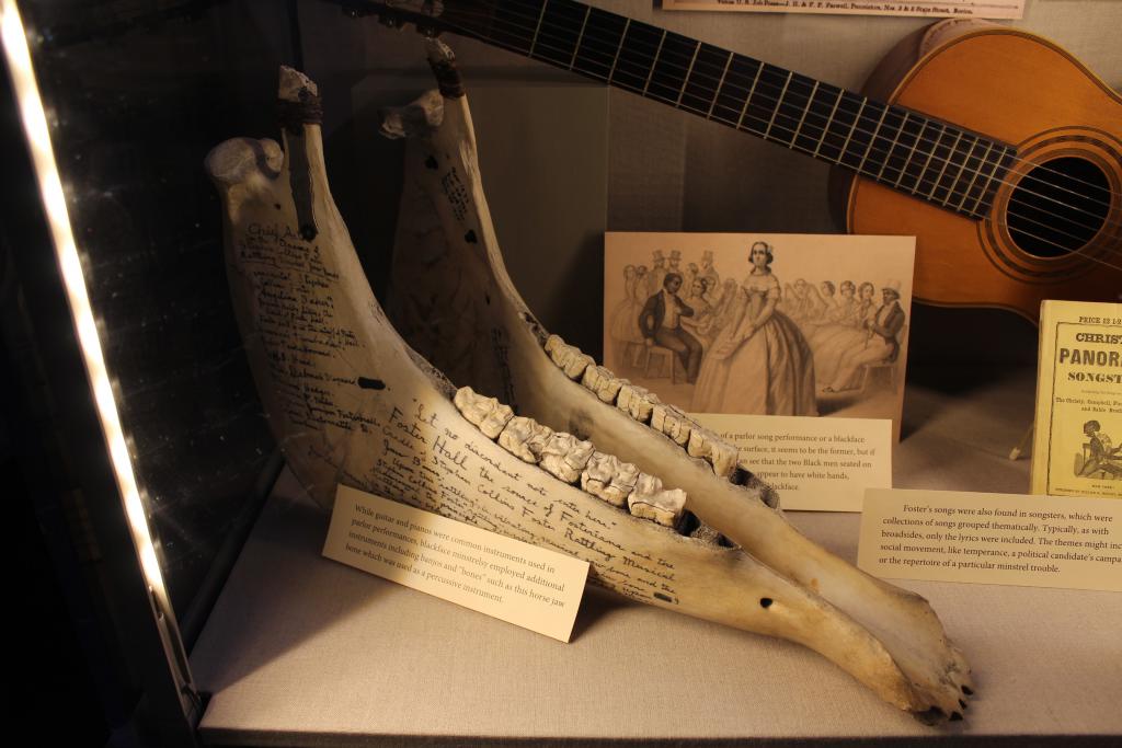 A horse's jaw bone used as an instrument around the time that Foster lived. On display in the Stephen Foster museum. Photo by Grace Campbell, 2019